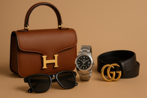 اکسسوری اورجینال زنانه و مردانه ۲۰۲۵ شامل کیف برند، ساعت رولکس، عینک آفتابی اورجینال و کمربند چرمی اصل