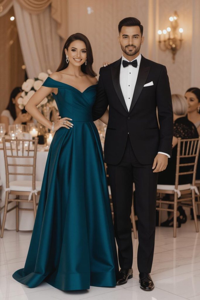 یک زوج شیک‌پوش در یک مهمانی رسمی. زن با پیراهن مجلسی بلند و مرد با کت‌وشلوار رسمی، بهترین نمونه از پیراهن مهمانی رسمی را به نمایش می‌گذارند.