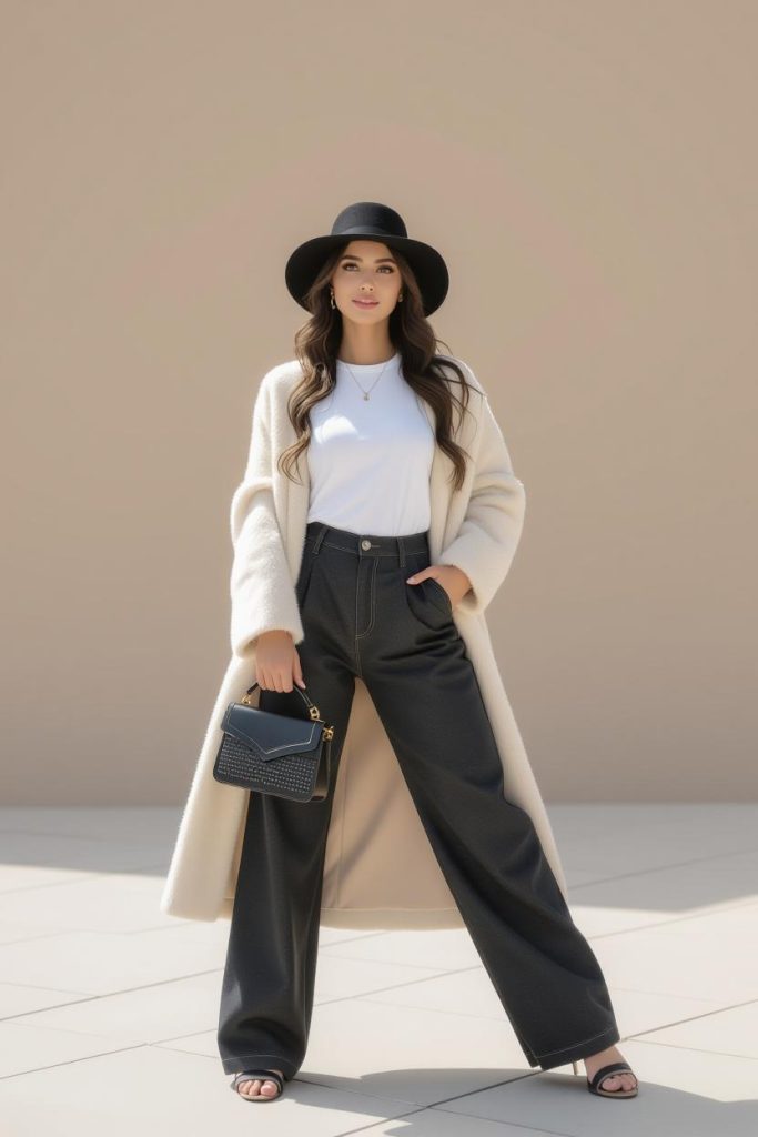 نمونه‌ای از athleisure استایل با یک شلوار جاگر، تی‌شرت و کت بلند که نشان می‌دهد چگونه پوشاک ورزشی را به لباس روزمره تبدیل کنیم.