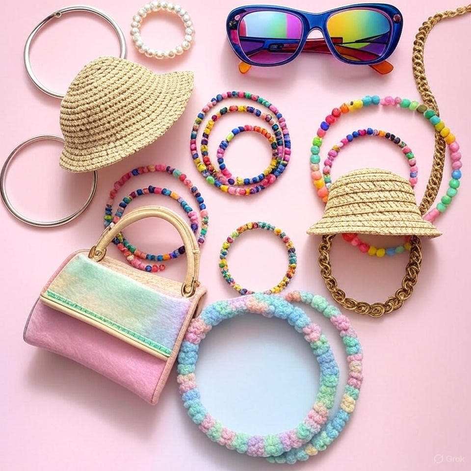 کلاژی از اکسسوری ترند اینستاگرام شامل گوشواره حلقه‌ای، کیف مینی، کلاه سطلی و دستبندهای مهره‌ای که نشان‌دهنده ترندهای وایرال در مد و فشن است.