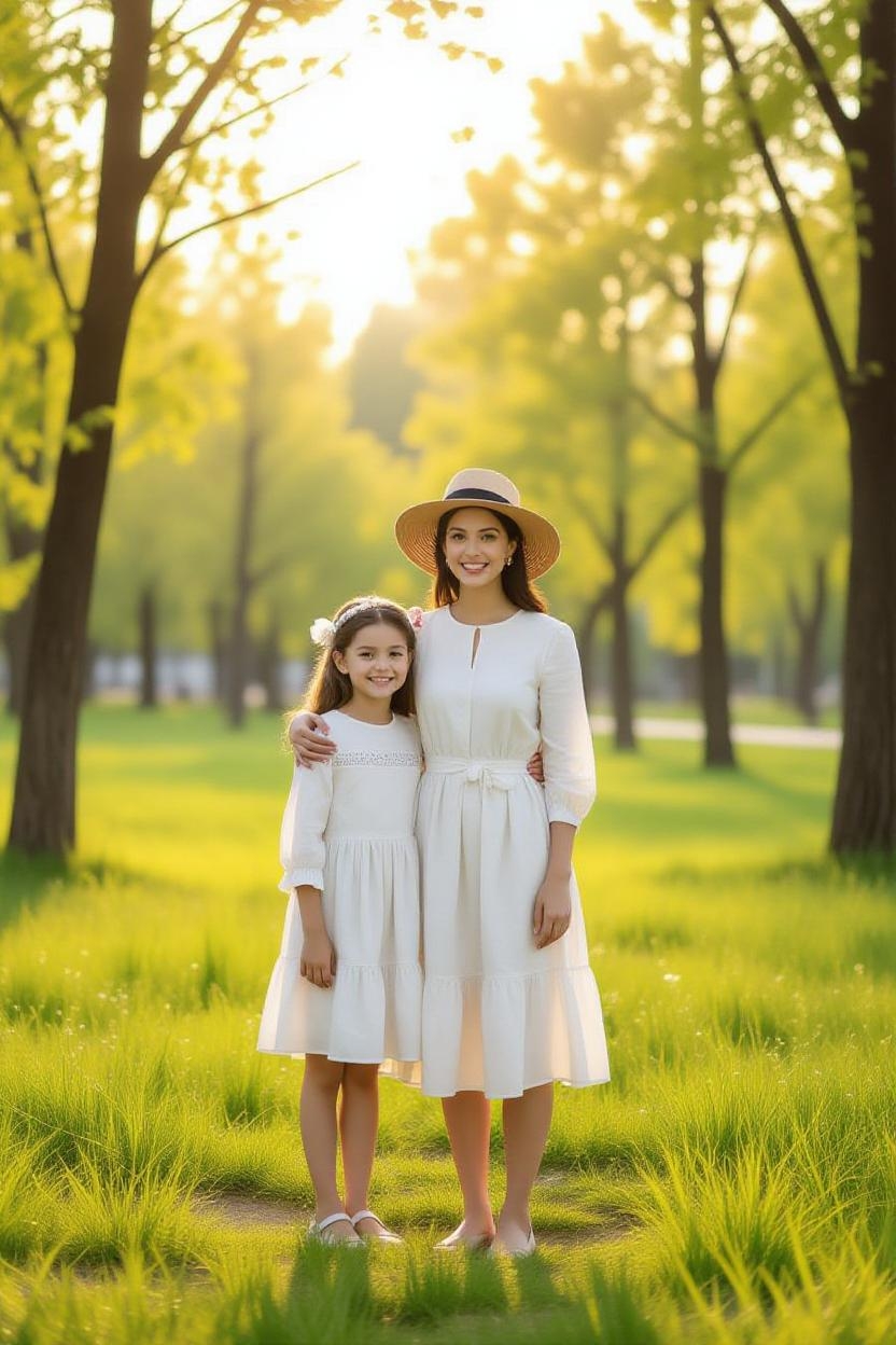 یک مادر و دختر با لباس‌های هماهنگ و نه یکسان در یک پارک. استایل مادر و دختر آن‌ها از طریق رنگ‌ها و طرح‌های مکمل با هم ست شده است.