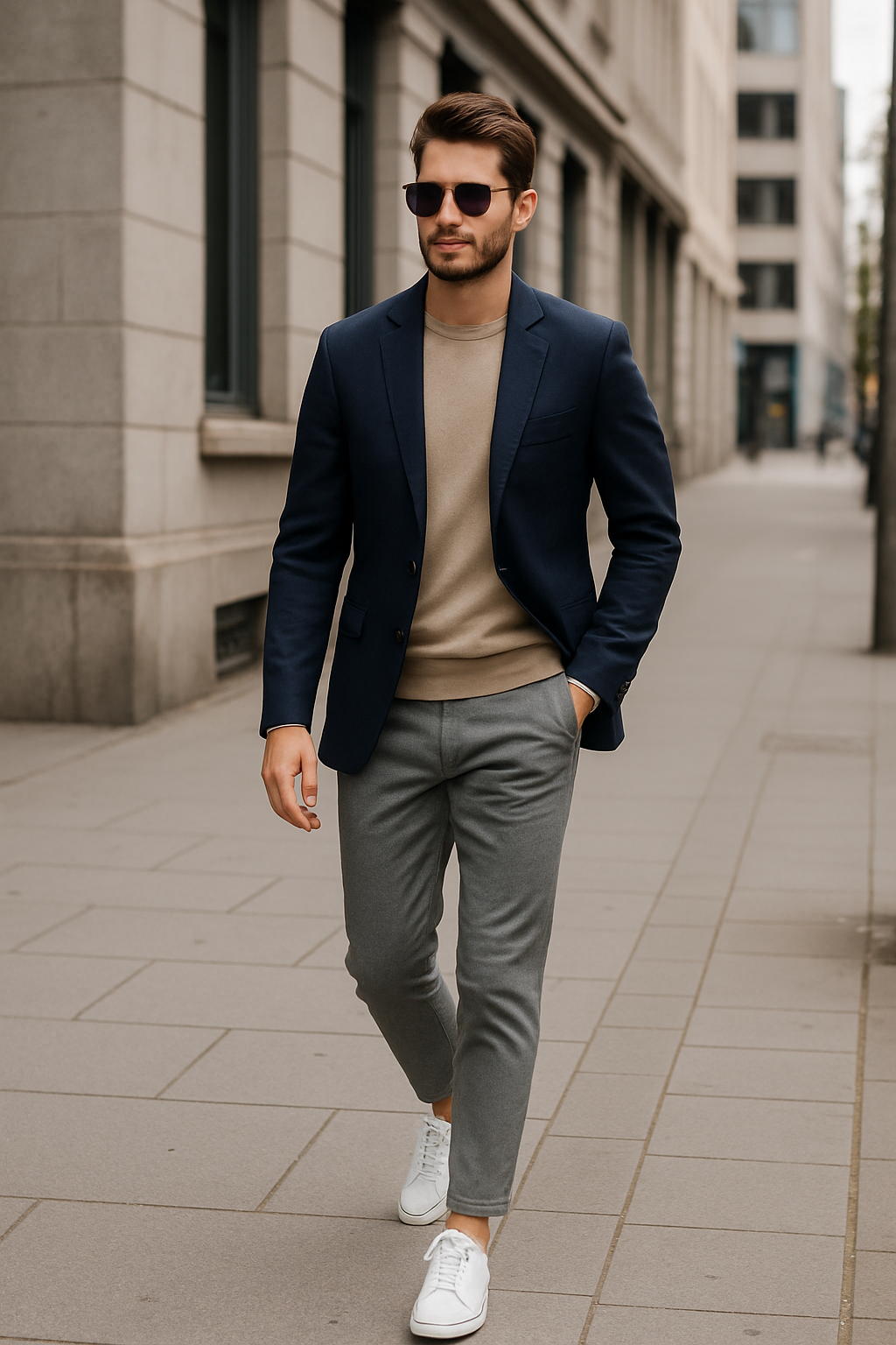 مردی با کت بلیزر و شلوار کتان طوسی که کتانی سفید پوشیده و نشان‌دهنده استایل شیک و مدرن کتانی با کت است.