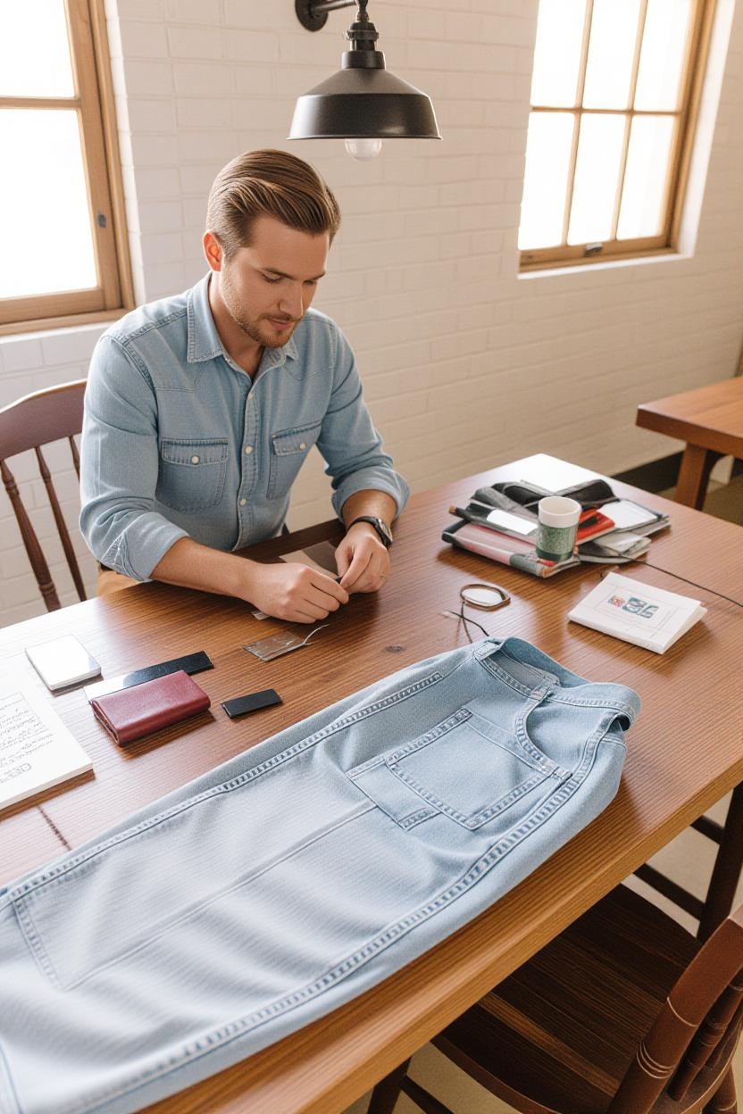یک شلوار جین و تی‌شرت قدیمی در کنار وسایل خیاطی مانند قیچی و نخ، آماده برای بازسازی و تبدیل به یک استایل جدید. این تصویر نمادی از مد پایدار و خلاقیت است.