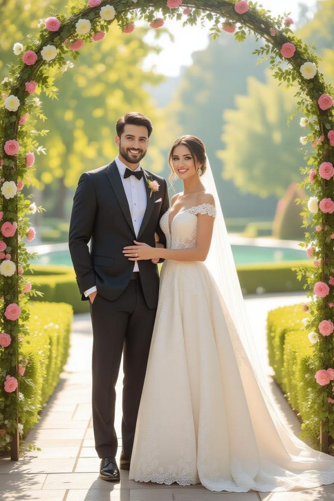 یک زوج در روز عروسی، با لباس عروس و داماد هماهنگ، نشان‌دهنده استایل شیک و یکپارچه در مراسم عروسی است