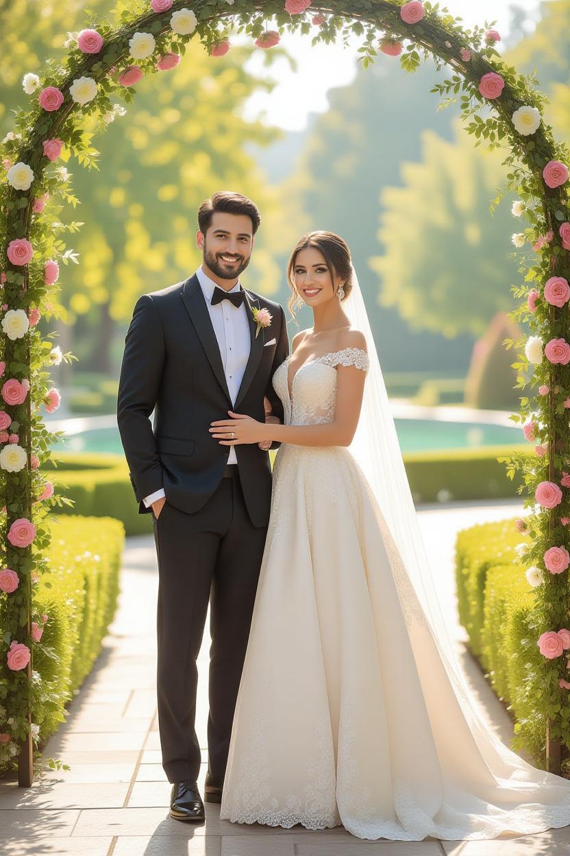 یک زوج در روز عروسی، با لباس عروس و داماد هماهنگ، نشان‌دهنده استایل شیک و یکپارچه در مراسم عروسی است