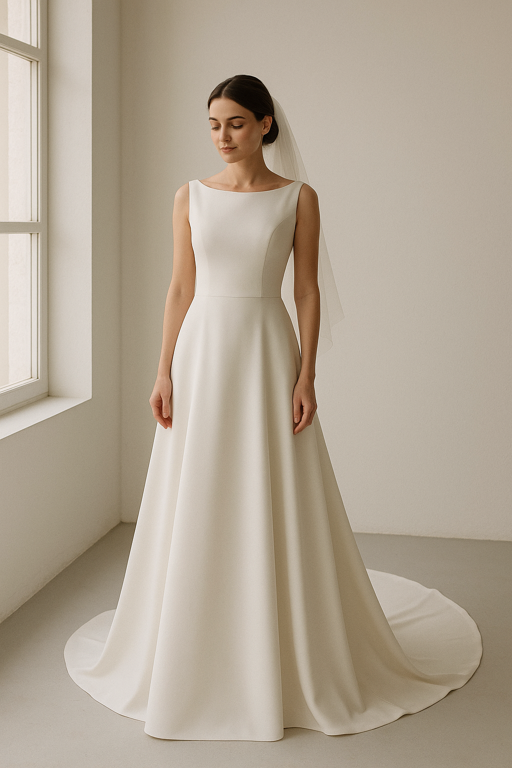 یک عروس شیک‌پوش با لباس عروس ساده و مینیمال از جنس کرپ، نشان‌دهنده زیبایی و ظرافت در راهنمای خرید لباس عروس است.