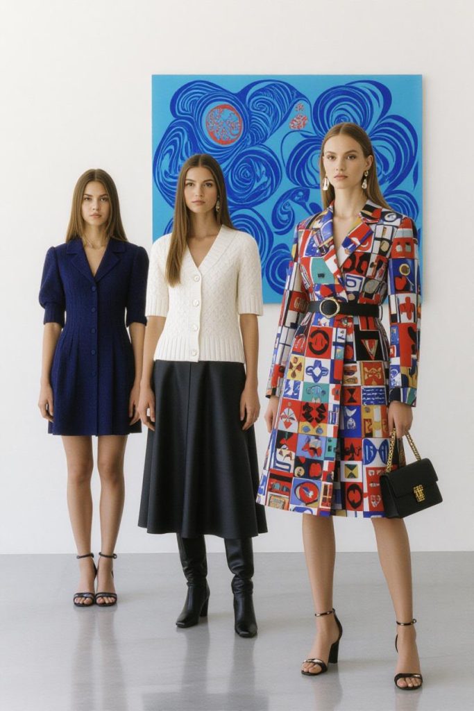 کلاژی از استایل‌های ترند مد دهه ۶۰ ۲۰۲۵ و مد دهه ۷۰ شامل دامن کوتاه، شلوار دمپا گشاد و طرح‌های رنگی