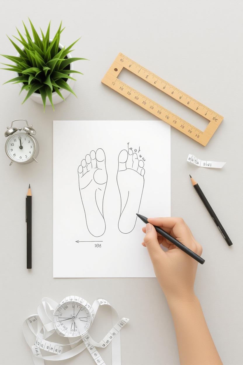 ابزارها و فرآیند اندازه‌گیری پا در خانه برای پیدا کردن اندازه کفش مناسب که به جلوگیری از خستگی پا کمک می‌کند.
