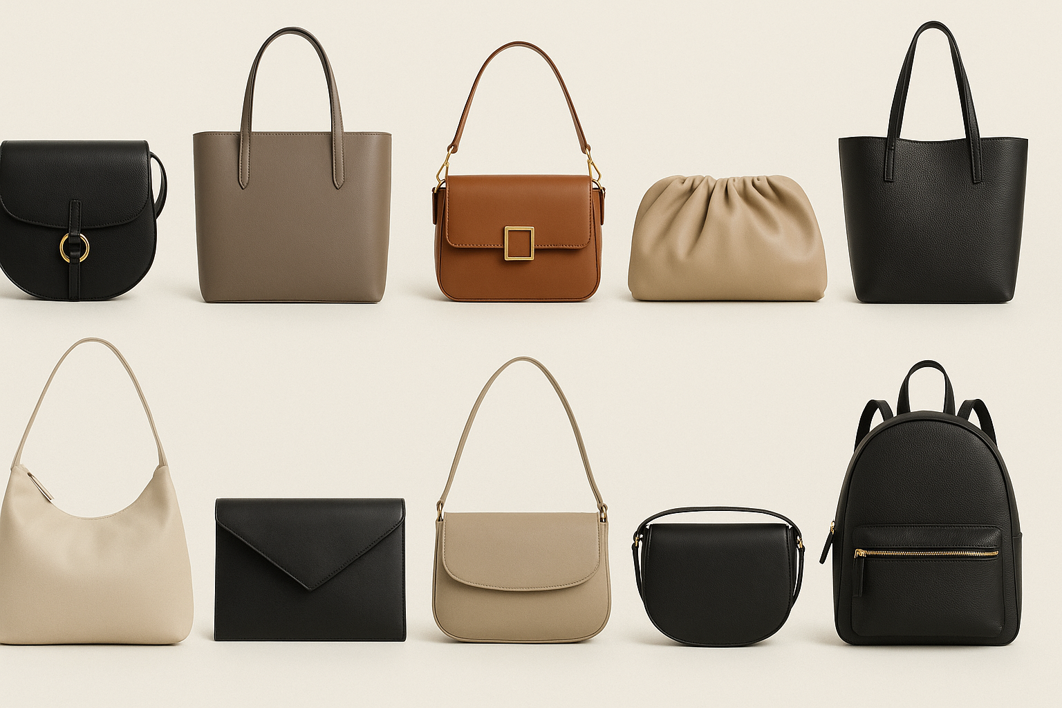 تصویری از ۱۰ مدل کیف دستی ضروری شامل کیف دوشی، کلاچ و کیف کوله‌پشتی که یک کمد کپسولی برای هر زنی را تشکیل می‌دهند.