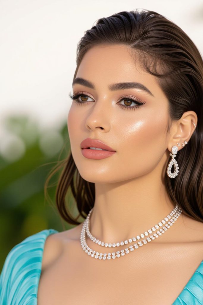 مدل موی شینیون بالا که برای نمایش گردنبند بزرگ مناسب است و هماهنگی مو و اکسسوری را نشان می‌دهد.