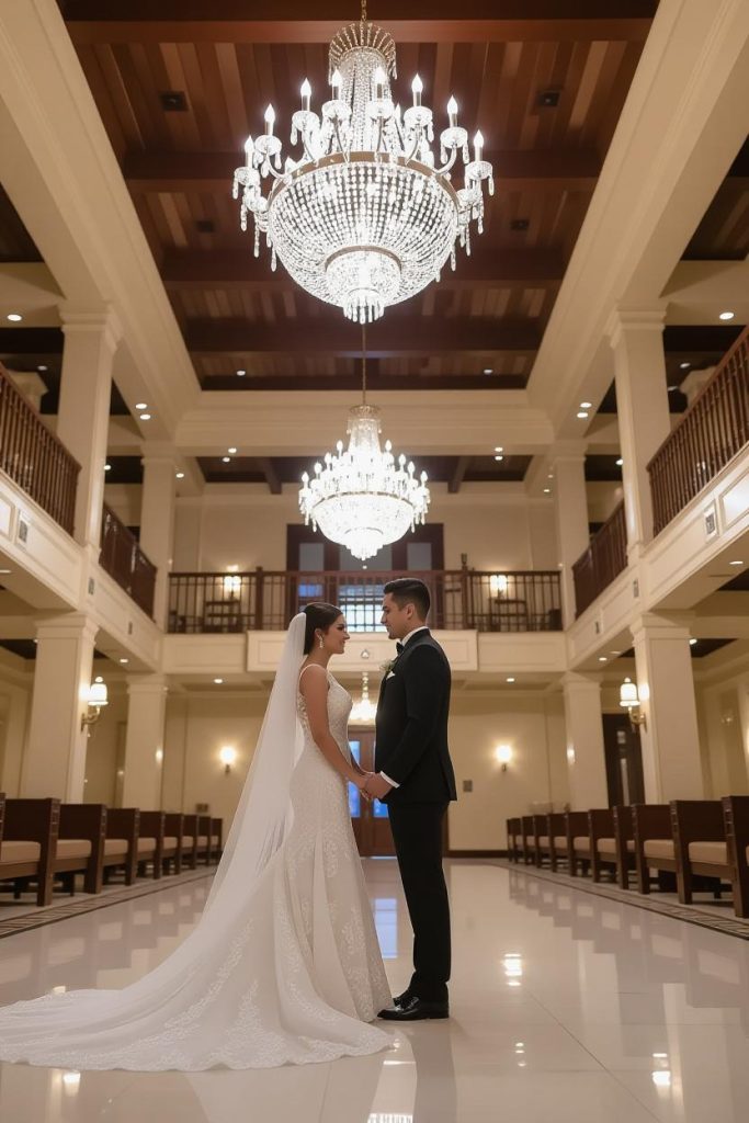 عکس یک زوج با استایل مراسم عقد شیک و راحت. عروس در یک جامپ‌سوت سفید و داماد در یک کت و شلوار سبک، مناسب یک مراسم کوچک خانگی.