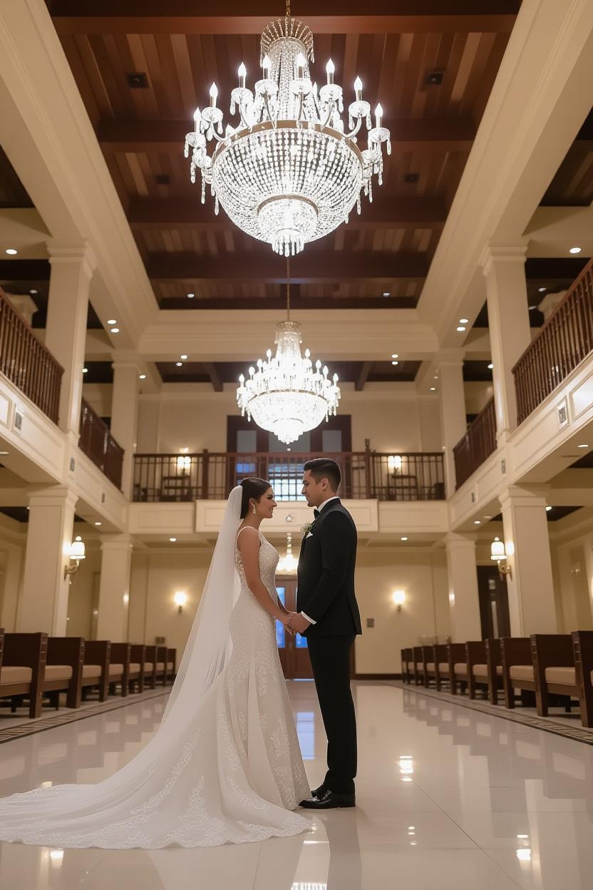 عکس یک زوج با استایل مراسم عقد شیک و راحت. عروس در یک جامپ‌سوت سفید و داماد در یک کت و شلوار سبک، مناسب یک مراسم کوچک خانگی.