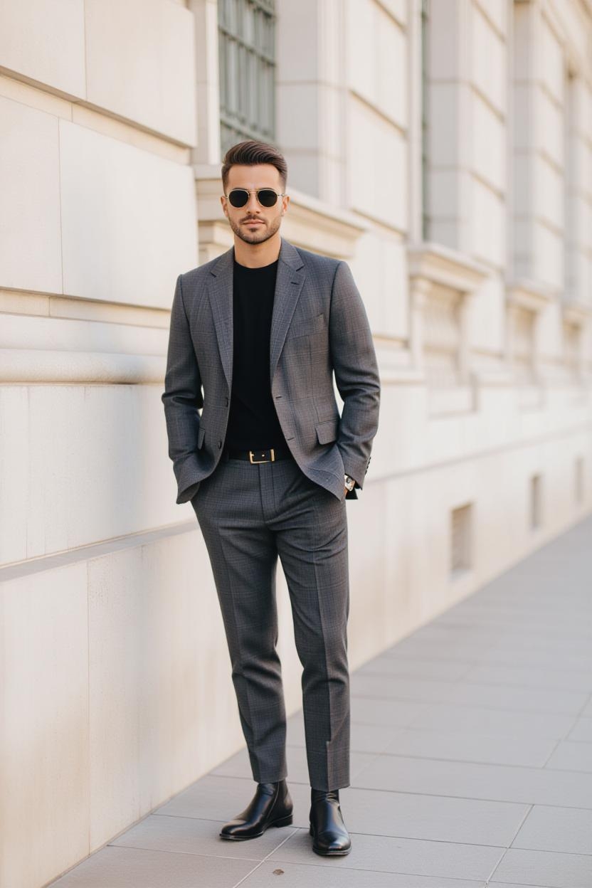 یک مرد شیک‌پوش که با استفاده از کت و شلوار اسلیم فیت تک‌رنگ و بدون تاشدگی در شلوار، استایل مردان کوتاه قد را برای افزایش قد بصری به نمایش می‌گذارد.