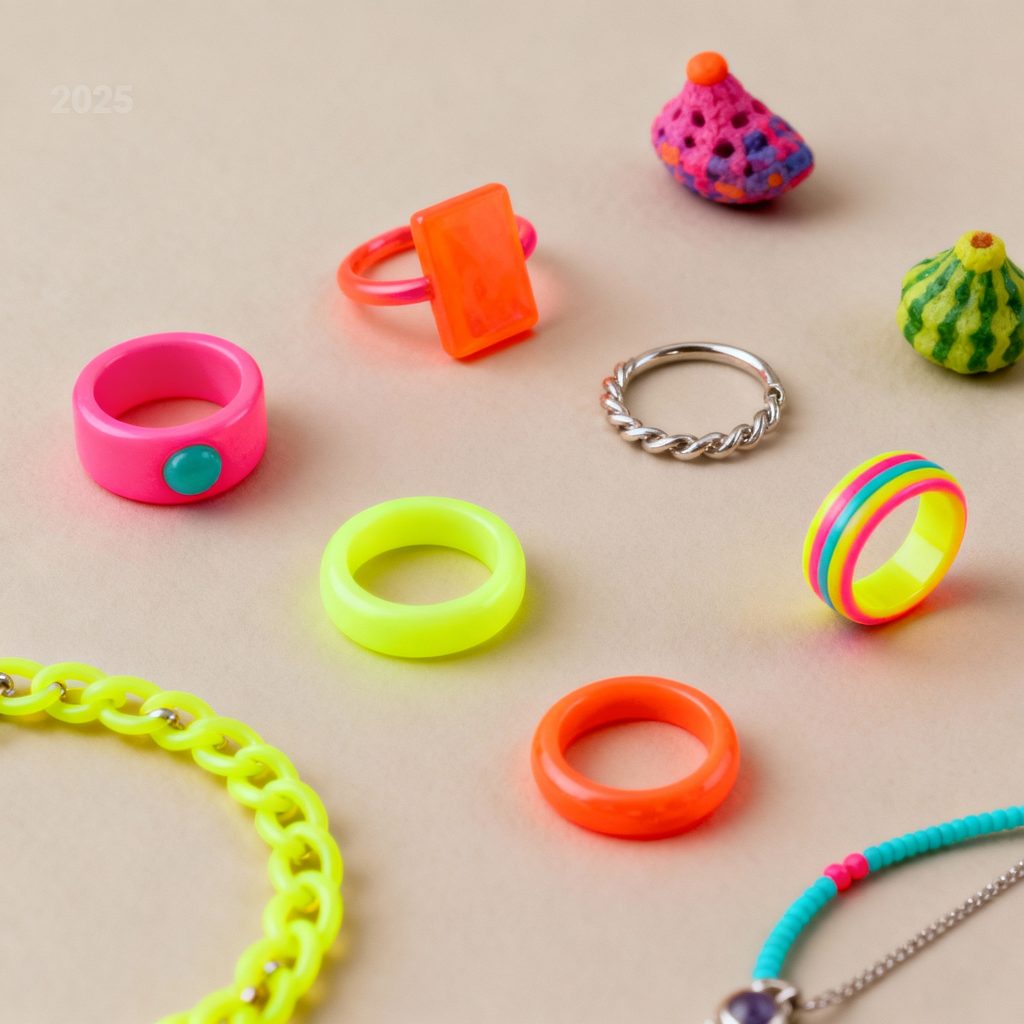 تصویر مجموعه اکسسوری‌های مدرن و رنگارنگ با طرح‌های خاص و نئونی، مناسب ترند ۲۰۲۵