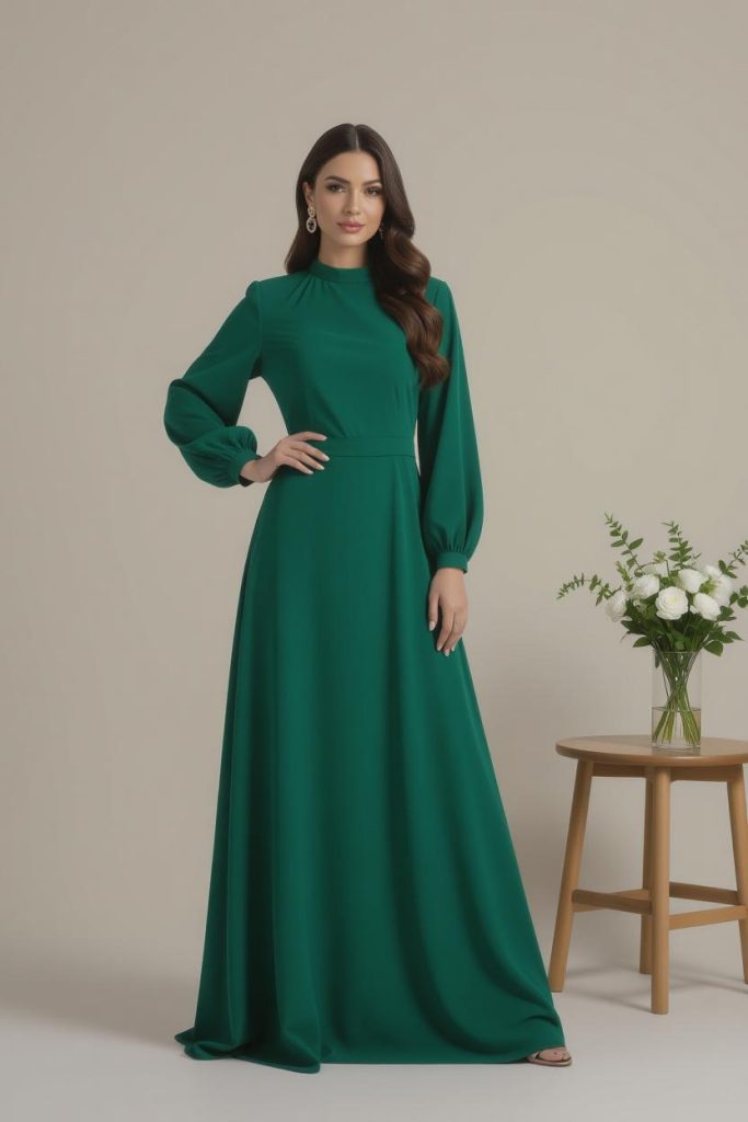 مدلینگ لباس‌هایی به رنگ سبز زیتونی عمیق، به عنوان رنگ سال ۲۰۲۵، که نشان‌دهنده یک استایل شیک و طبیعت‌گرا است.