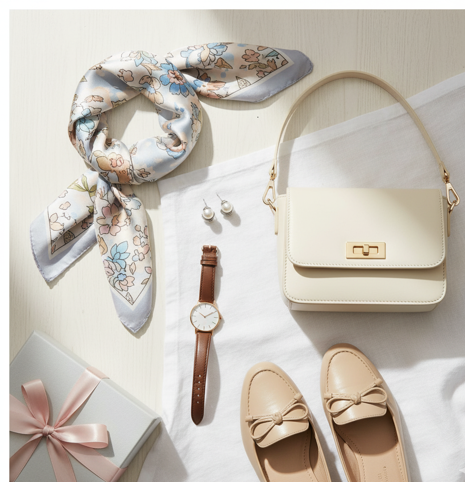 طرح بصری تصویر: "کلاژ هدایای مد برای مادر" صحنه: یک کلاژ یا چیدمان منظم از چند آیتم هدیه مد در یک پس‌زمینه روشن و مینیمال (مثلاً یک میز چوبی روشن یا پارچه کتان سفید). عناصر: یک شال ابریشمی با طرح زیبا یا رنگ آرام (مثلاً پاستلی یا طرح گلدار). یک جفت گوشواره میخی (مروارید یا نقره‌ای ظریف). یک کیف دستی کوچک و ساختاریافته به رنگ خنثی (مانند کرم، مشکی یا سبز زیتونی). یک جفت لوفر یا کفش تخت (Flat Shoes) چرمی شیک (مثلاً رنگ بژ یا مشکی). یک ساعت مچی کلاسیک با صفحه ساده و بند چرمی یا فلزی. (اختیاری) یک جعبه کادویی شیک یا روبان ظریف که حس هدیه بودن را تقویت کند. نورپردازی: روشن و طبیعی، با تأکید بر بافت و کیفیت آیتم‌ها. حس کلی: تصویر باید حس ظرافت، سلیقه خوب و لوکس بودن قابل دسترس را منتقل کند و نشان‌دهنده تنوع و کاربردی بودن هدایای مد برای روز مادر باشد.