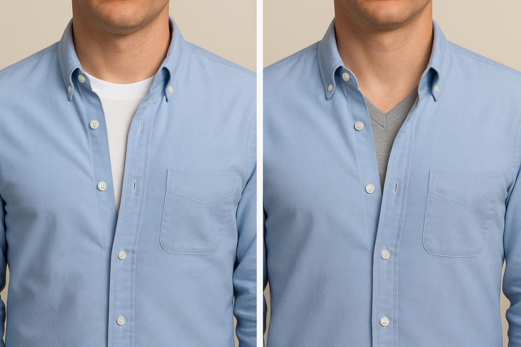 تصویر مقایسه‌ای: انتخاب زیرپوش یقه هفت اسلیم فیت (مناسب) در مقابل تی‌شرت یقه گرد گشاد (نامناسب) برای جلوگیری از حجم اضافه زیر لایه زیر پیراهن.