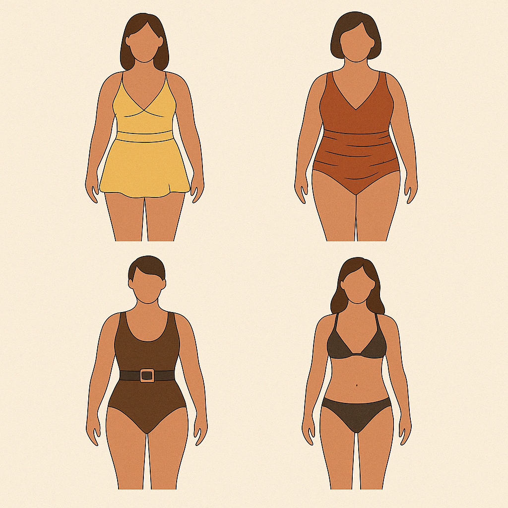 تصویر راهنمای انتخاب مایو مناسب بر اساس فرم بدن زنانه؛ شامل مدل‌های مایو برای فرم‌های سیب، گلابی و ساعت شنی.