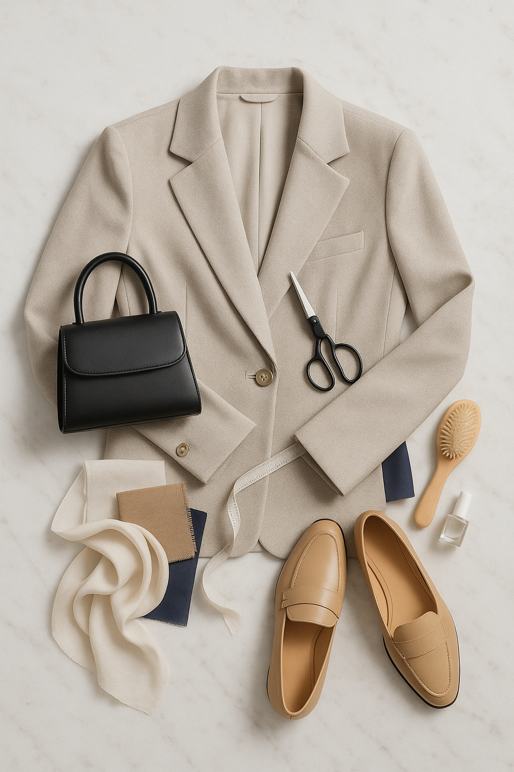 طرح بصری تصویر: "رازهای لاکچری ارزان" صحنه: یک چیدمان (Flat Lay) منظم و شیک که بر روی یک سطح مرمری یا بتنی با بافت زیبا قرار دارد. نورپردازی روشن و طبیعی است و سایه‌ها کم هستند. این چیدمان از بالا گرفته شده و حس مینیمال و سازمان‌یافته‌ای دارد. عناصر: آیتم محوری: یک کت بلیزر یا کت ترنچ خوش‌دوخت به رنگ خنثی (مانند طوسی روشن، بژ یا کرم). کت باید تا خورده و صاف باشد تا کیفیت پارچه و دوخت آن مشخص شود. نشانگر فیت: یک قیچی خیاطی ظریف یا یک متر پارچه‌ای به صورت هنرمندانه روی یکی از چین‌های کت قرار گرفته است، که نشان‌دهنده اهمیت "فیت" لباس و احتمال نیاز به خیاط است. اکسسوری ۱ (کیف): یک کیف دستی کوچک با ساختار محکم (Structured Bag) به رنگ خنثی (مانند مشکی مات یا کرم) و بدون هیچ لوگوی آشکار. کیف باید تمیز و درخشان باشد. اکسسوری ۲ (کفش): یک جفت کفش لوفر چرمی (Leather Loafers) یا بالرین چرمی به رنگ بژ یا مشکی که کاملاً تمیز و براق هستند و در گوشه‌ای از کادر قرار گرفته‌اند. رنگ‌ها و بافت‌ها: مجموعه‌ای از پارچه‌های دیگر (مثل یک شال نازک ابریشمی یا یک تکه پارچه کتان) در رنگ‌های خنثی مکمل (سفید شیری، قهوه‌ای روشن، سرمه‌ای) که با هم هماهنگ هستند و بافت‌های متنوع را نشان می‌دهند. جزئیات آراستگی: یک برس موی کوچک با دسته چوبی و یک لاک ناخن شفاف و براق، به صورت ظریف در کنار دیگر آیتم‌ها قرار گرفته‌اند تا بر اهمیت "Grooming" و آراستگی شخصی تأکید شود. حس کلی: تصویر باید حس آرامش، مینیمالیسم، کیفیت ساخت بالا و سلیقه بی‌عیب و نقص را منتقل کند، نه لزوماً پول زیاد. همه آیتم‌ها باید نو یا در وضعیت عالی به نظر برسند.