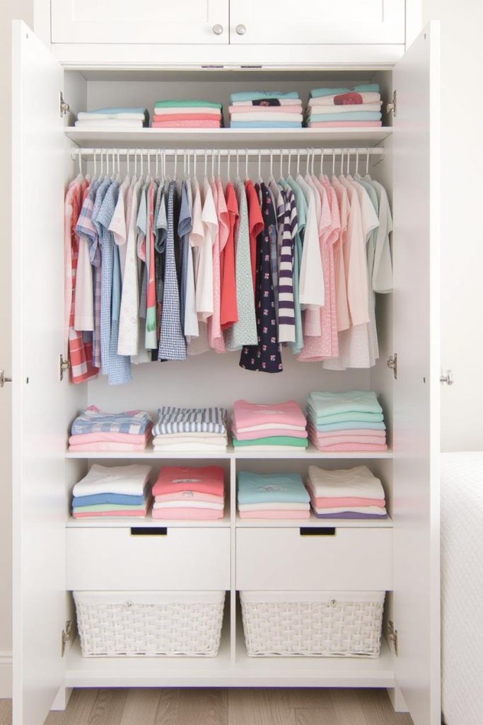 تصویری از یک کمد کپسولی مرتب برای خرید لباس نوزاد، شامل سرهمی‌های پنبه‌ای در سایزهای مختلف، که بر کاربردی بودن و ایمنی در لباس نوزاد تأکید دارد.