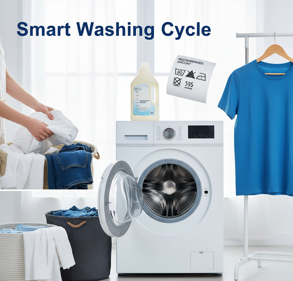 تصویری از مراحل شستشوی لباس صحیح؛ شامل تفکیک لباس‌ها، برچسب مراقبت، مواد شوینده مناسب و خشک کردن روی آویز، برای حفظ کیفیت لباس.