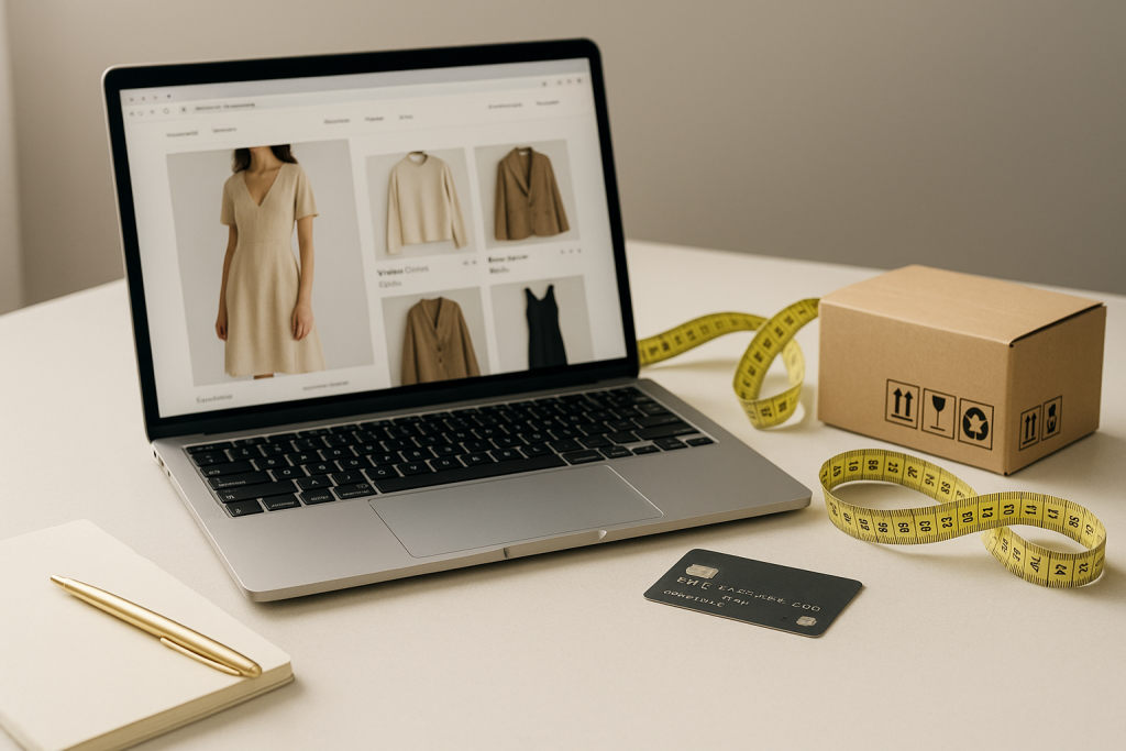نمایی از میز کار هنگام خرید از سایت خارجی لباس؛ نشان دادن لپ‌تاپ، متر خیاطی و کارت بانکی برای تأکید بر امنیت و دقت در خرید آنلاین.