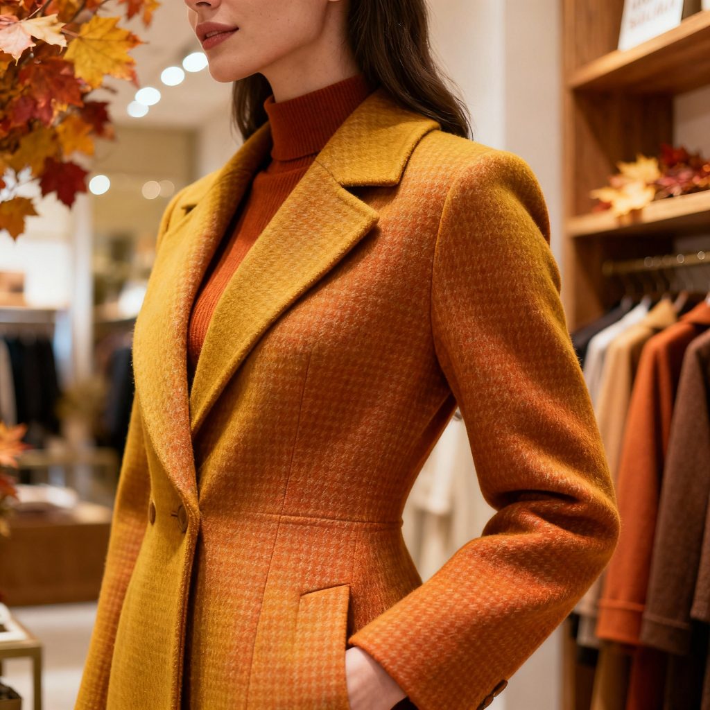 تصویر زن با پالتوی پاییزی شیک و گرم رنگ تیره، در یک روز خنک پاییزی