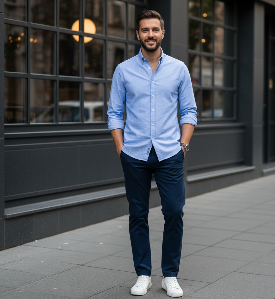 مدلینگ پیراهن یقه‌دار استایل مدرن؛ یک مرد با پیراهن فیت اسلیم و آستین بالا زده که پیراهن را بیرون از شلوار پوشیده و با کتانی ست کرده است تا ظاهری جوان‌تر داشته باشد.