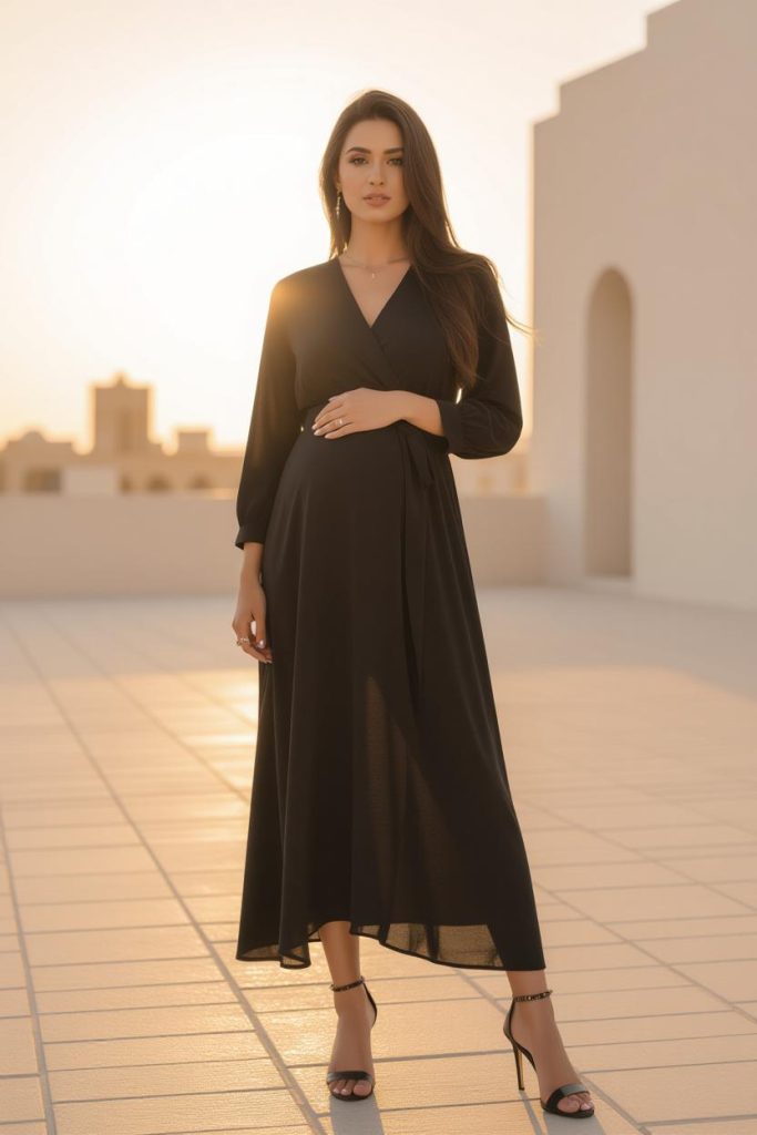 مدلینگ استایل بارداری روزمره با پیراهن ماکسی مشکی، کت بلند باز، کمربند ظریف بالای شکم و کفش‌های لوفر. این تصویر بر راحتی، ظرافت و خطوط عمودی برای کشیده‌تر نشان دادن اندام تأکید دارد.