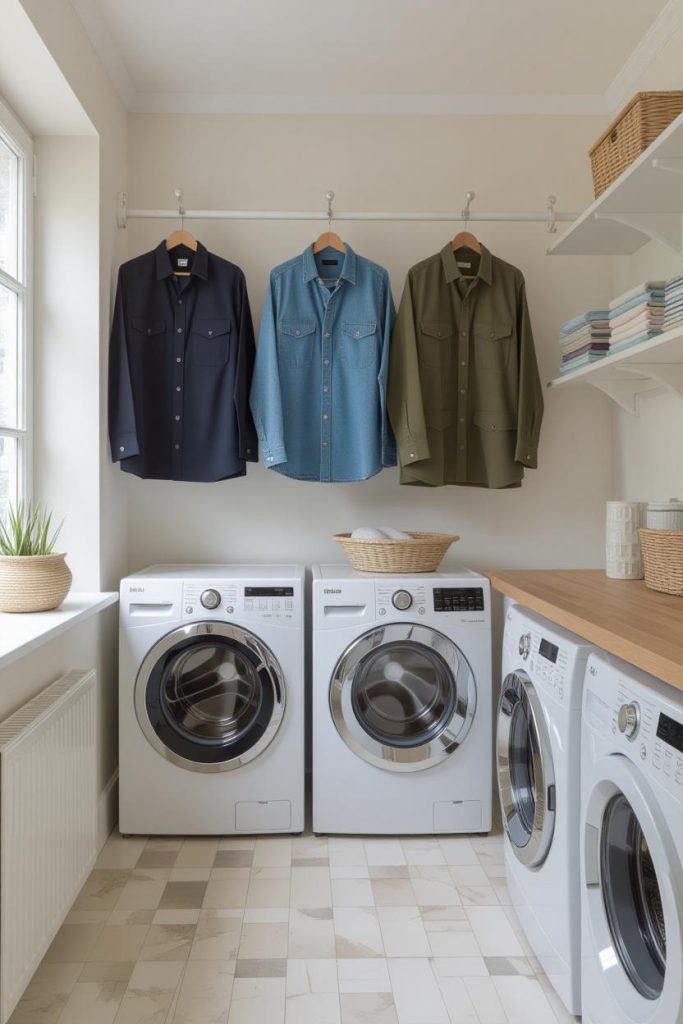 ترفند حفظ پیراهن رسمی مردانه بدون اتو: خارج کردن فوری پیراهن مرطوب از ماشین لباسشویی و تکاندن محکم آن برای صاف کردن چروک‌ها قبل از آویزان کردن.