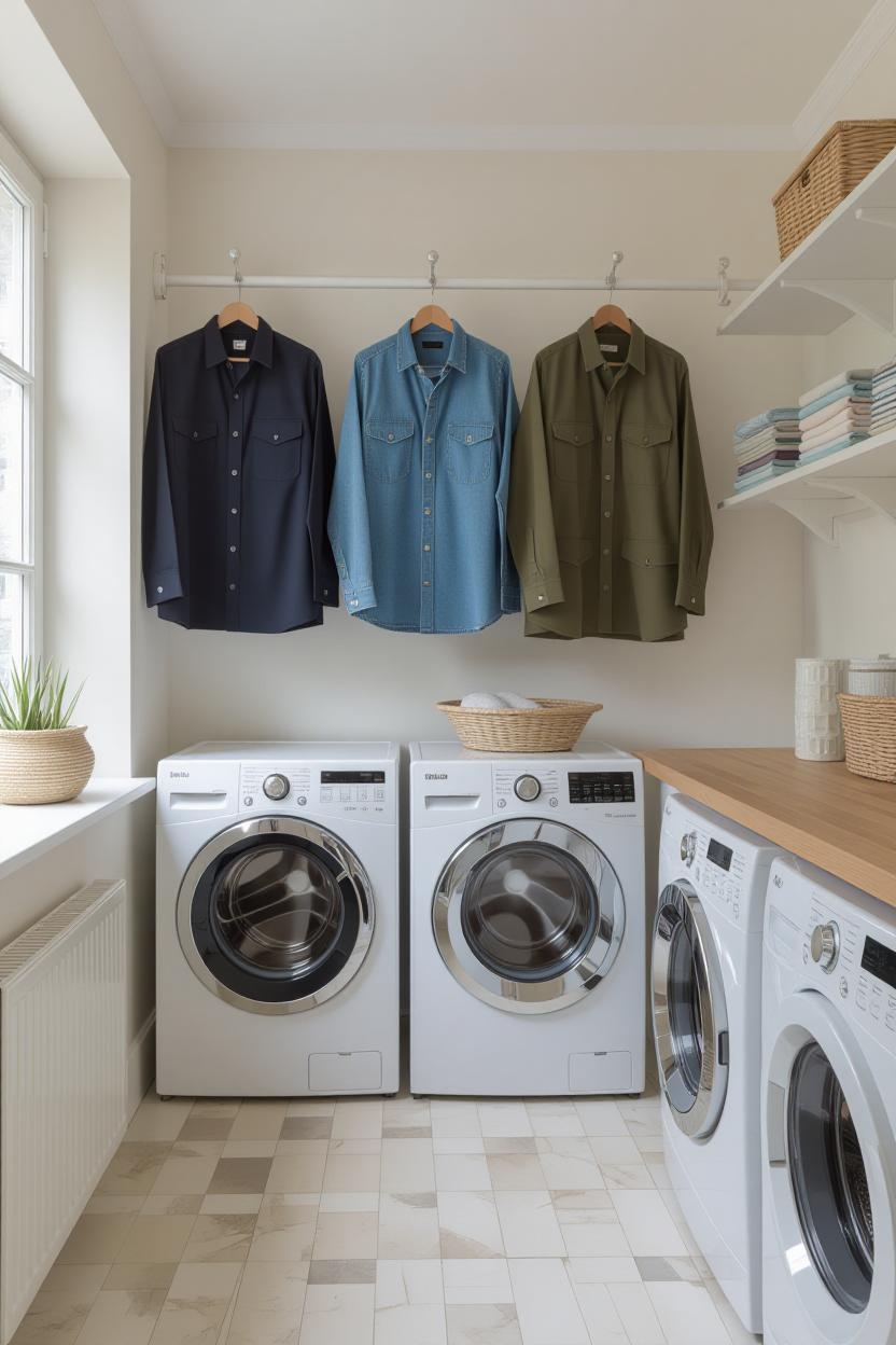 ترفند حفظ پیراهن رسمی مردانه بدون اتو: خارج کردن فوری پیراهن مرطوب از ماشین لباسشویی و تکاندن محکم آن برای صاف کردن چروک‌ها قبل از آویزان کردن.