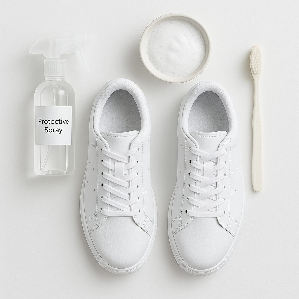 وسایل لازم برای تمیز کردن کتانی سفید، شامل جوش شیرین، سرکه و مسواک. این تصویر بر روتین مراقبت و نگهداری کفش تأکید دارد.