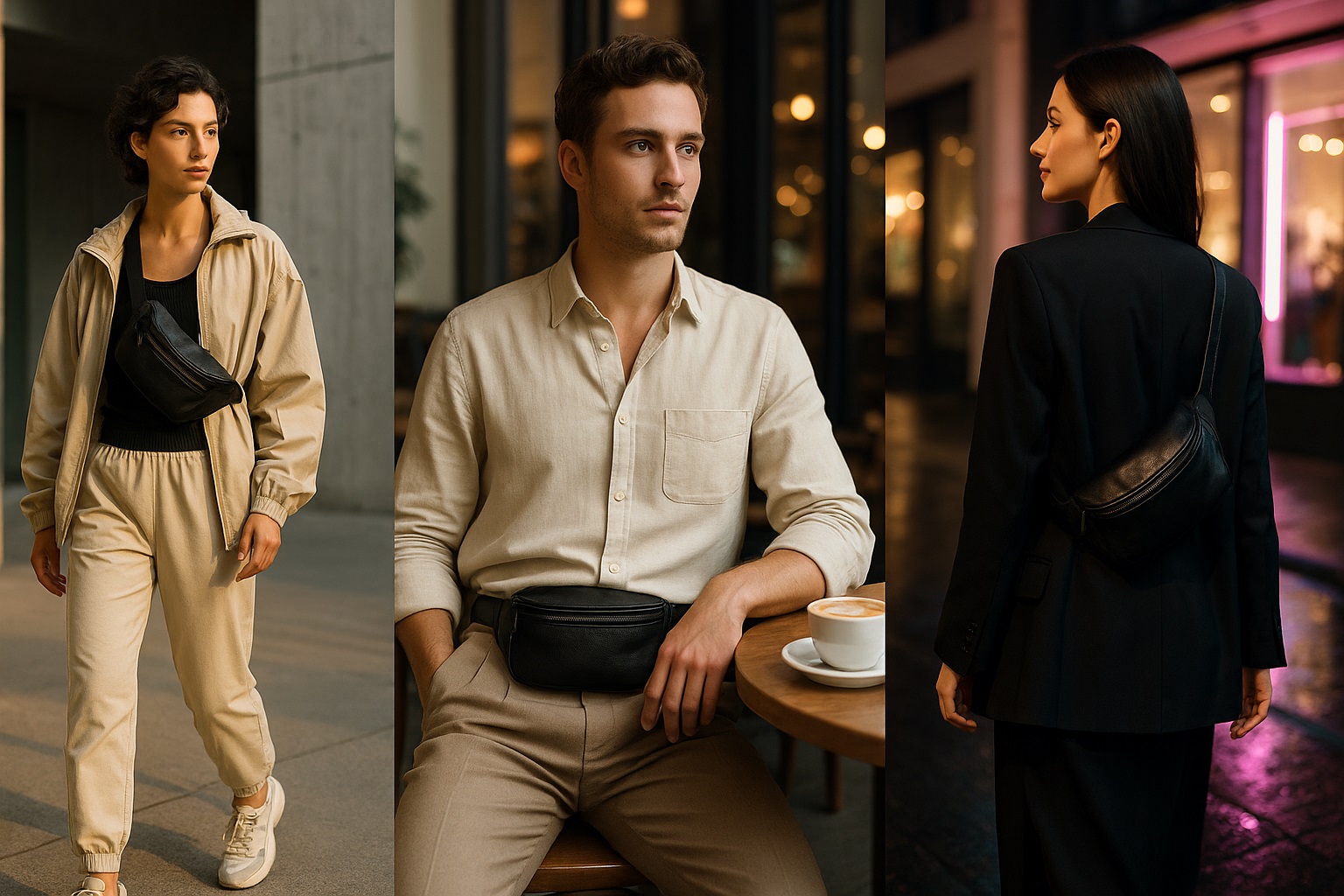 کلاژی از سه مدل کیف کمری استایل شامل بستن دور کمر با جین، کراس‌بادی روی سویشرت و روی بلیزر، که تنوع در استفاده از این اکسسوری را نشان می‌دهد.